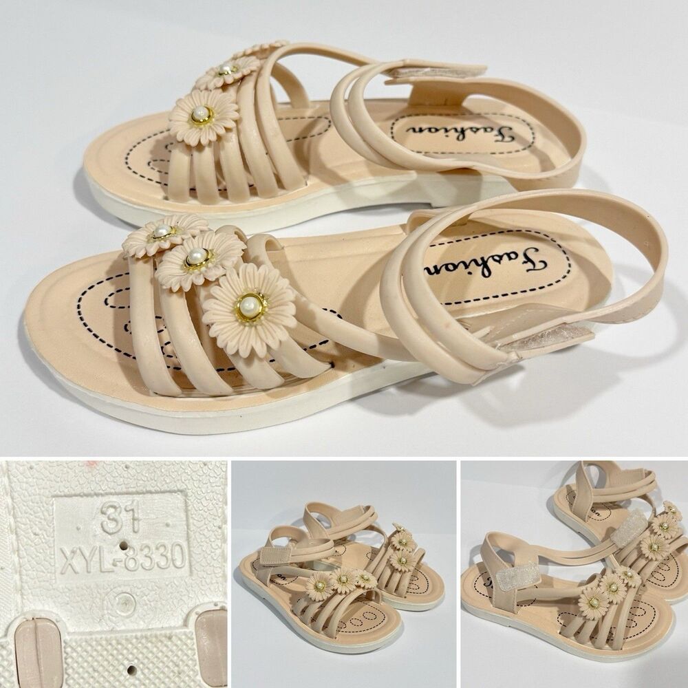 Girls PVC Sandals Size 12 Beige Floral Pearl Non-Slip Summer Shoes Hook & Loop - Picture 15 of 16
